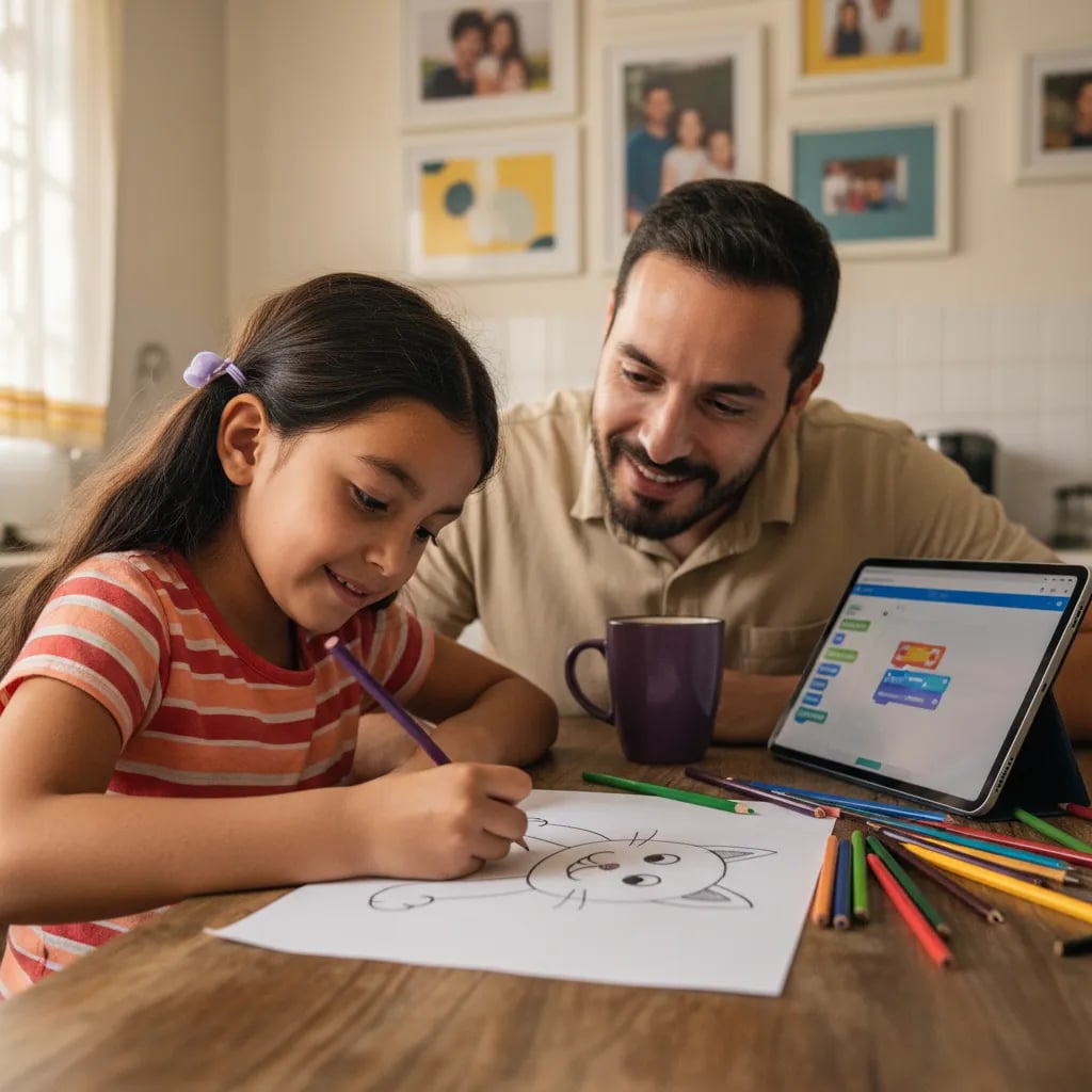 niña dibuja un personaje en papel antes de programarlo en ScratchJr con su papá al lado