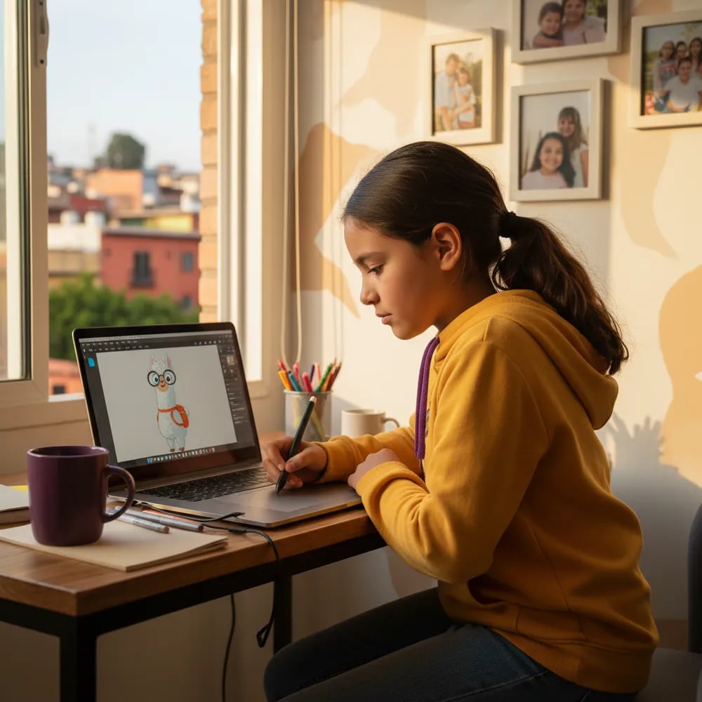 niña de 10 años diseña un personaje en clase online de dibujo digital después de la escuela