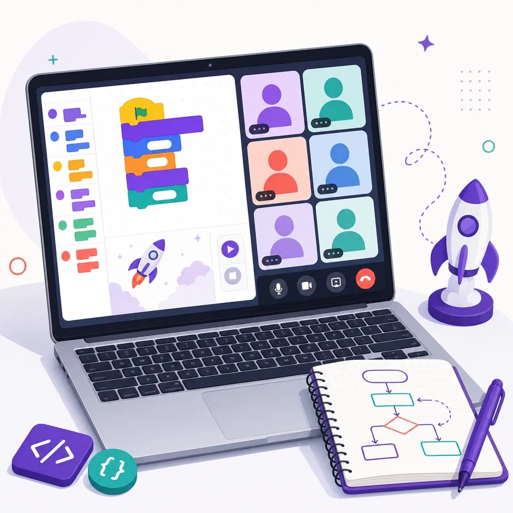 A checklist for vetting coding classes for kids in Malaysia, with a laptop showing a live small-group coding lesson