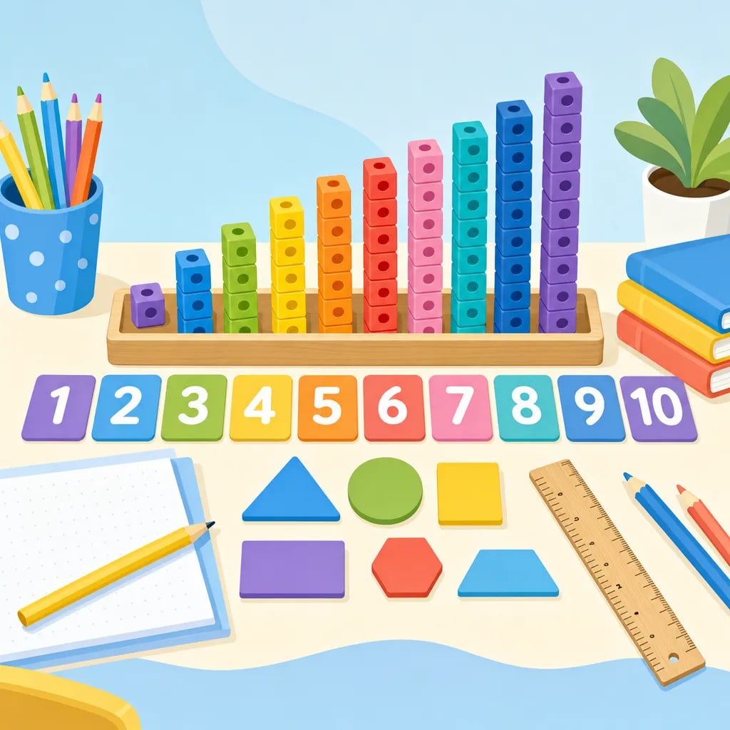 Colourful counting blocks, number tiles and shapes for early-primary KSSR maths