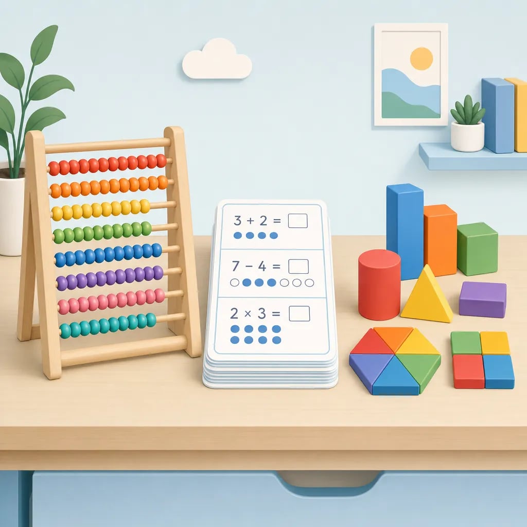 Abacus, lembaran kerja Kumon dan bahan bantu matematik konsep dibandingkan bersebelahan
