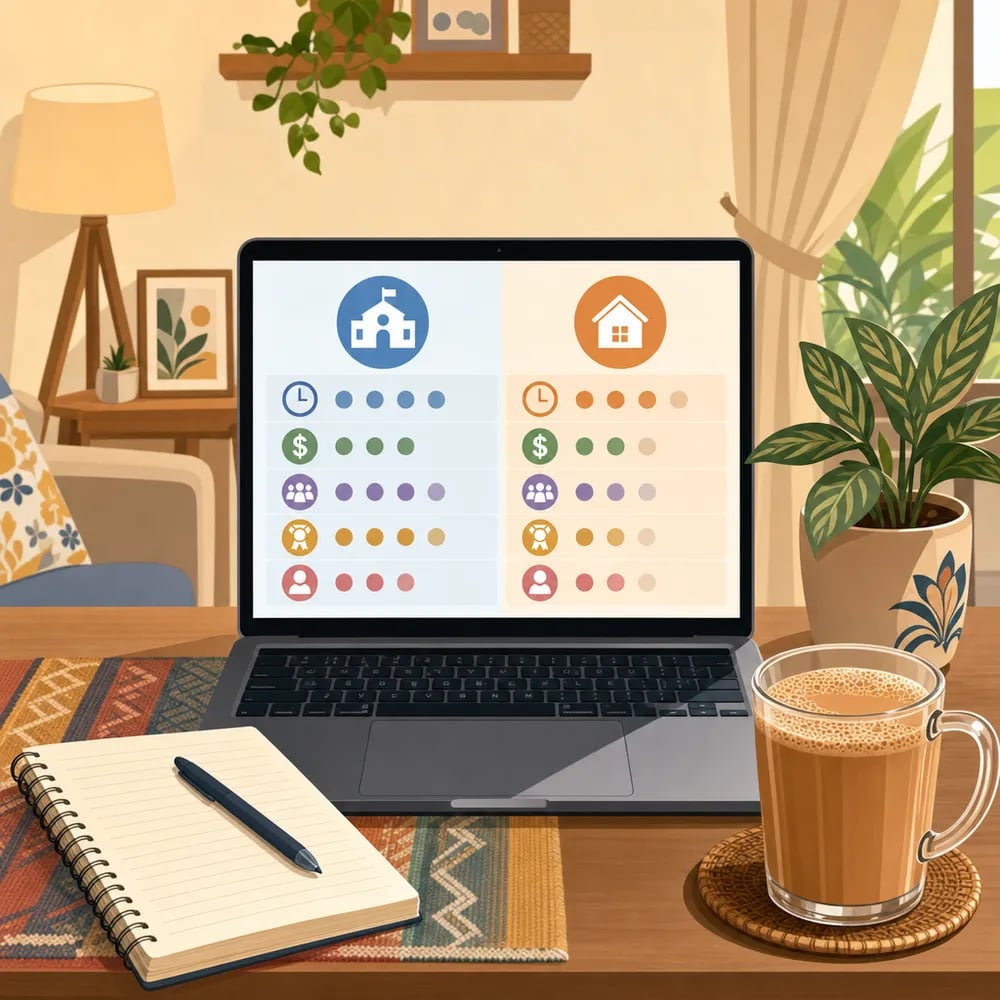 Malaysian parent researching schools: laptop showing a comparison chart with icons, teh tarik cup, plant on desk — the calm moment before deciding.
