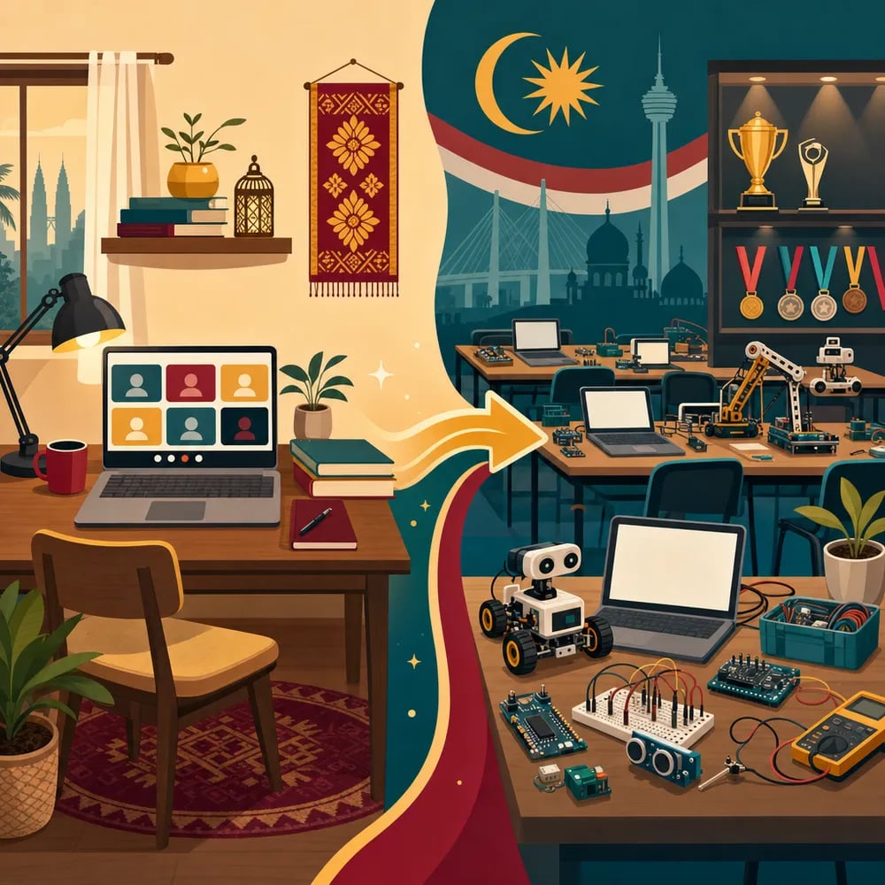 Two contrasting learning environments: cozy home study with laptop showing an online class (Algonova) beside a Malaysian STEM hackathon setup with robots and IoT sensors (Chumbaka) — different but complementary paths.