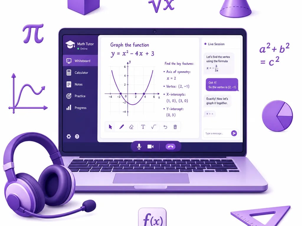 Online math tuition Malaysia — KSSM workspace with notebook, calculator and laptop showing a live class