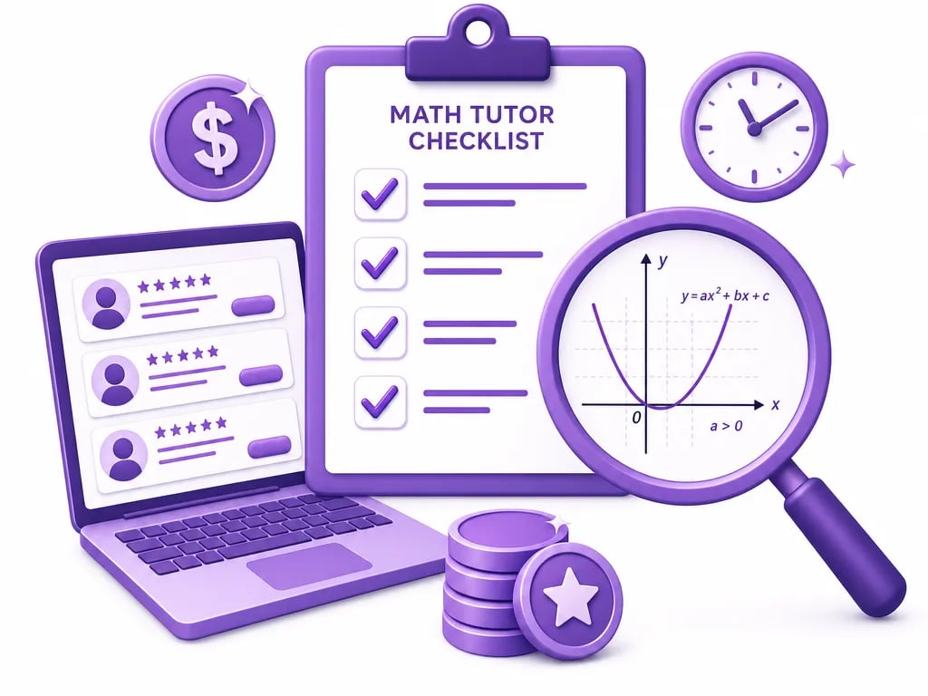 How to choose math tuition Malaysia — parent checklist beside a laptop showing a live small-group online math class