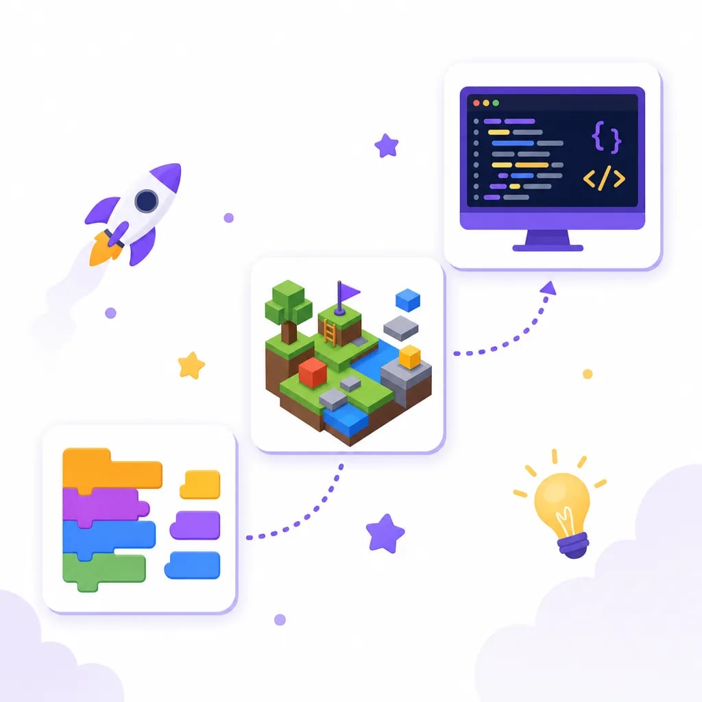 Coding learning path from Scratch blocks to a Roblox-style game world to Python code on screen