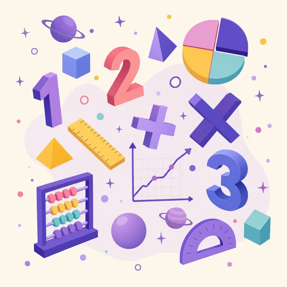 Ilustrasi berwarna bentuk matematik, nombor dan carta pecahan