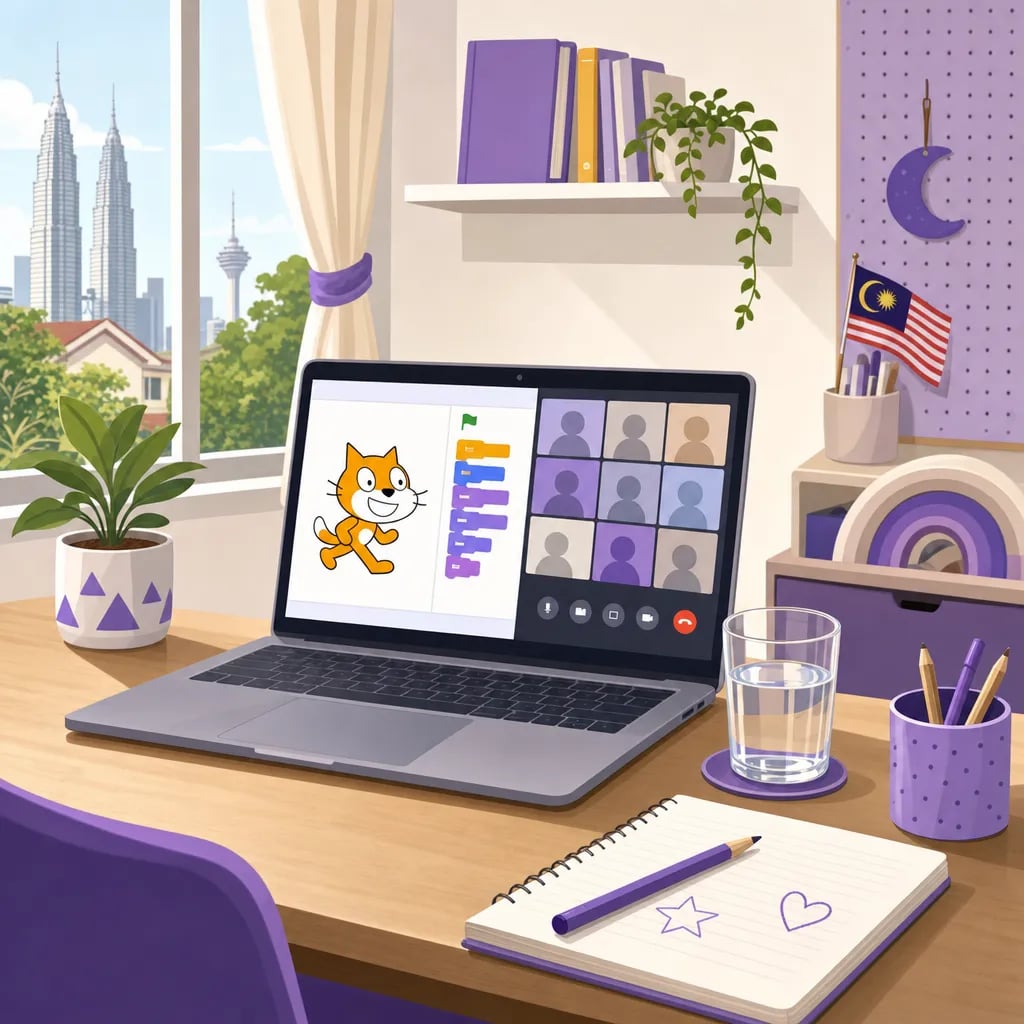 A child's home learning corner in the Klang Valley with a laptop showing a live online coding class and a Scratch cat, KL skyline through the window