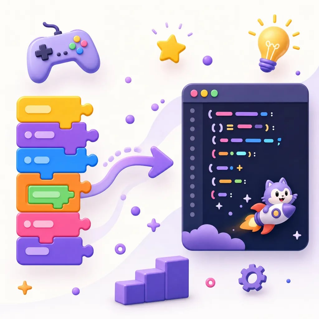Anak belajar coding online dari rumah dengan blok Scratch di komputer riba