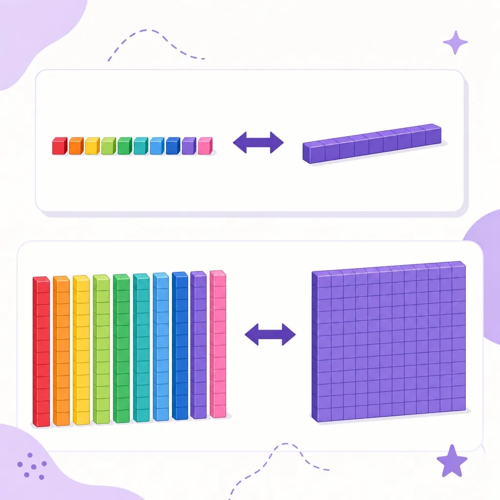 Child arranging base-ten blocks by place value ones tens hundreds columns