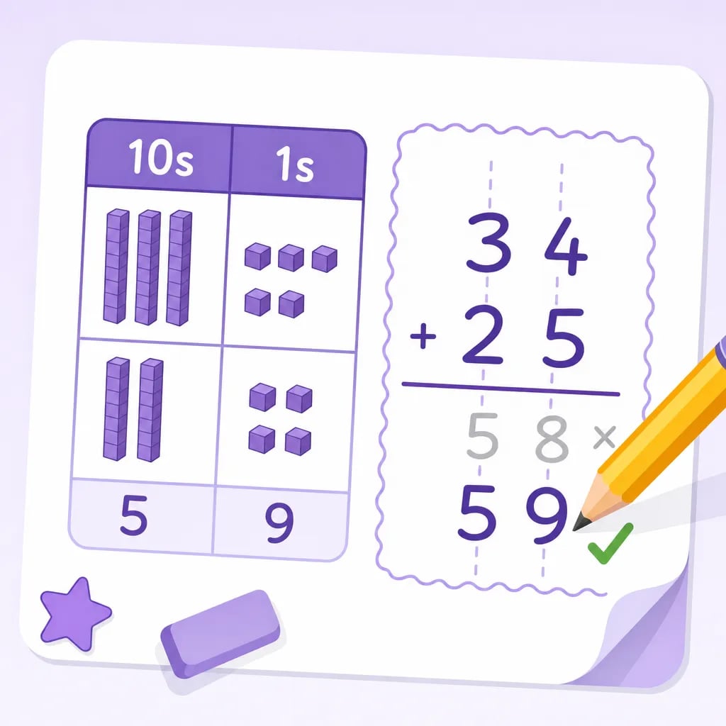 Child correcting a place value worksheet with tens and ones columns