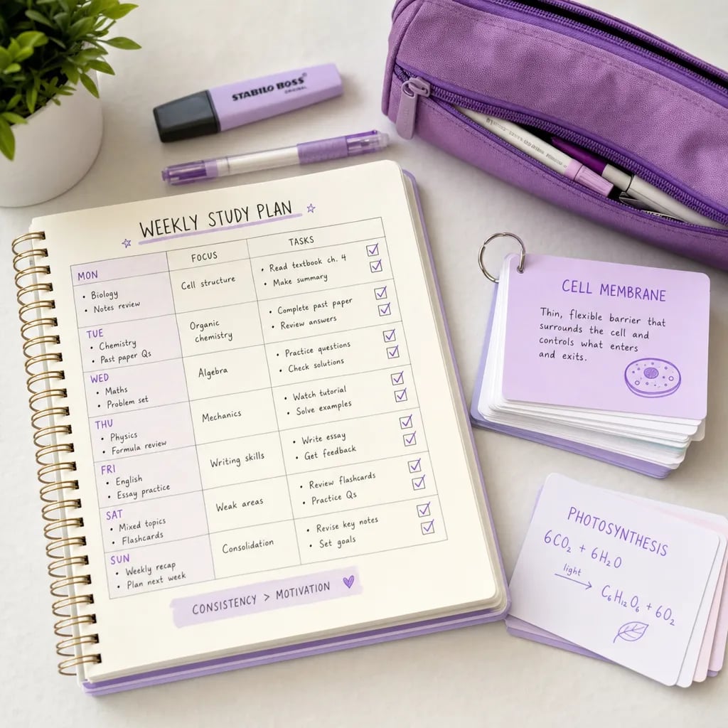 A weekly revision planner with a short checklist and a stack of flashcards