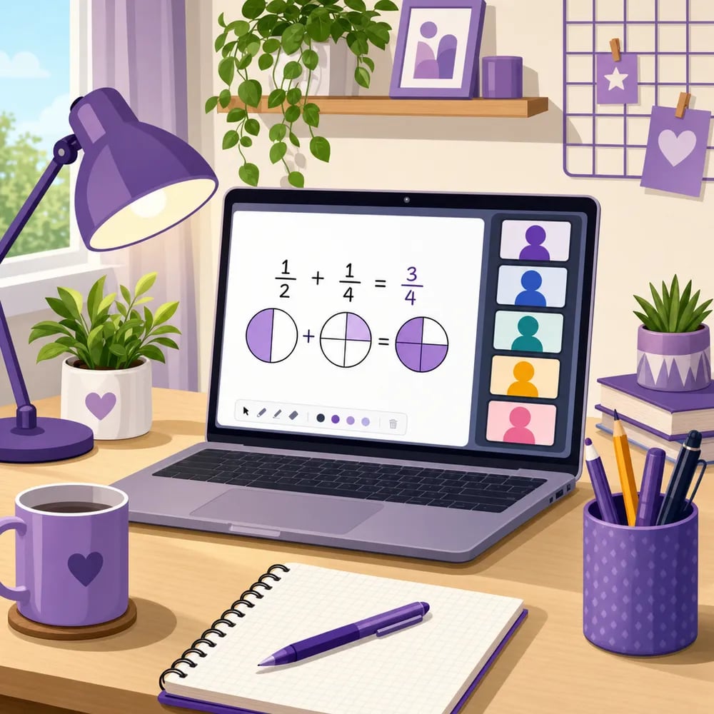Kelas matematik online anak dipaparkan pada komputer riba dengan meja belajar di rumah