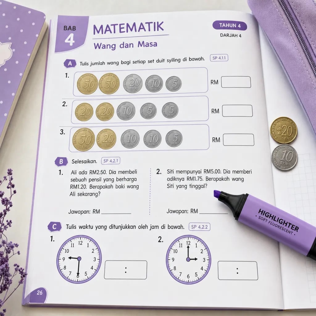 A Year 4 Matematik exercise book page on money and time