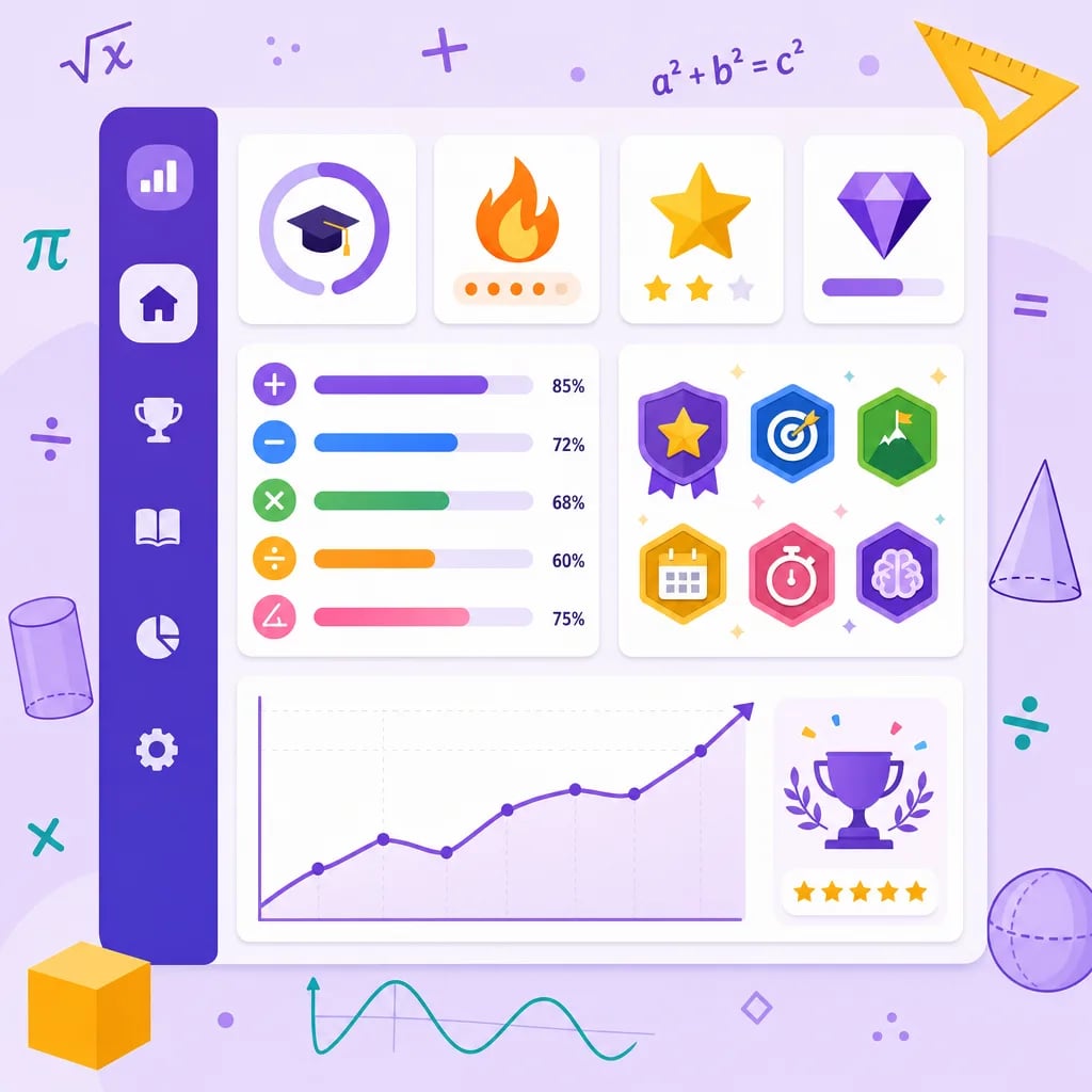 A gamified online math dashboard showing progress bars, badges and a rising results graph
