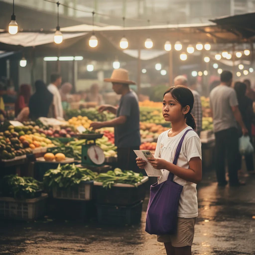 Kanak-kanak perempuan Malaysia membayar sayur di pasar pagi dengan bajet belanja sendiri