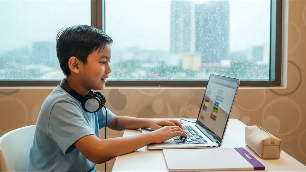 Kanak-kanak Malaysia berumur 10 tahun membuat projek coding di meja belajar pada petang hujan