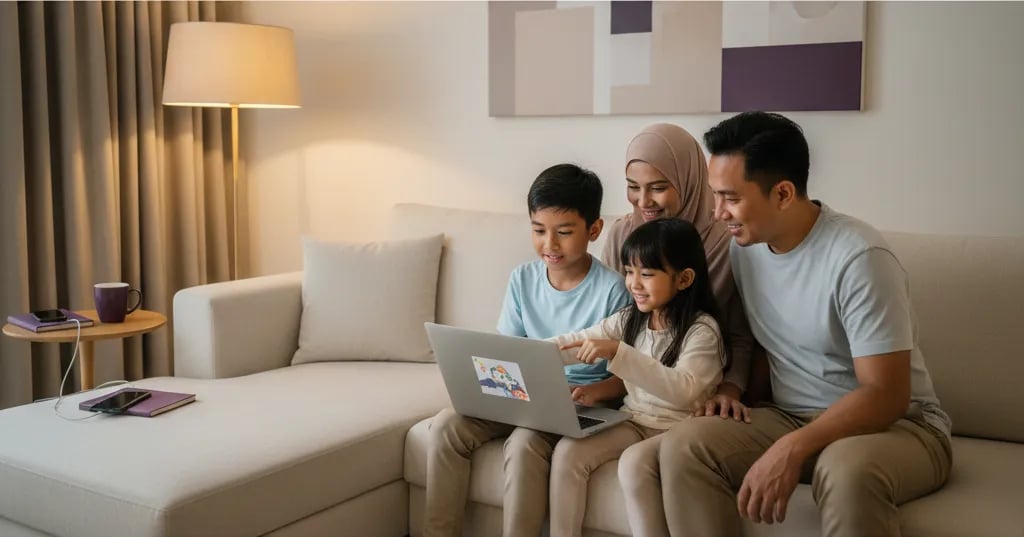 Dua kanak-kanak Malaysia menunjukkan projek animasi siap kepada ibu bapa pada waktu malam
