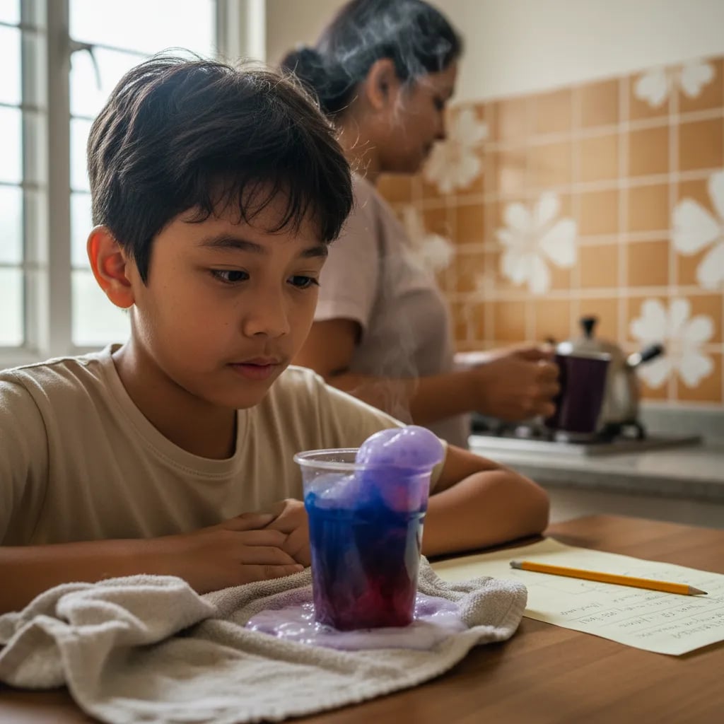 Budak lelaki Malaysia menjalankan eksperimen soda bikarbonat dan cuka di meja dapur semasa cuti sekolah