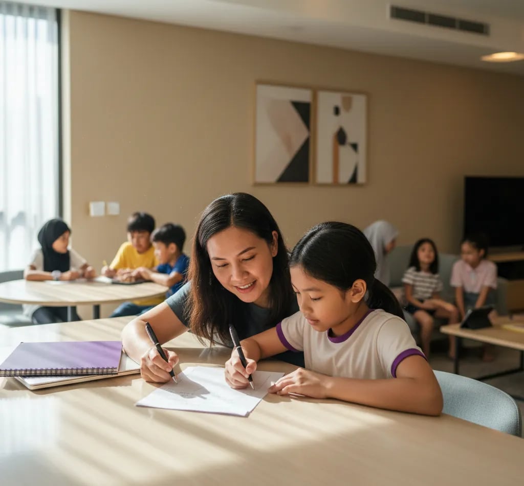 A Malaysian mother and daughter going through a written list together at the kitchen table