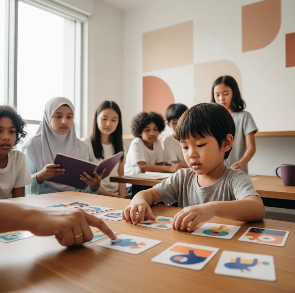 Kanak-kanak Malaysia menyusun kad bergambar besar mengikut urutan di atas meja
