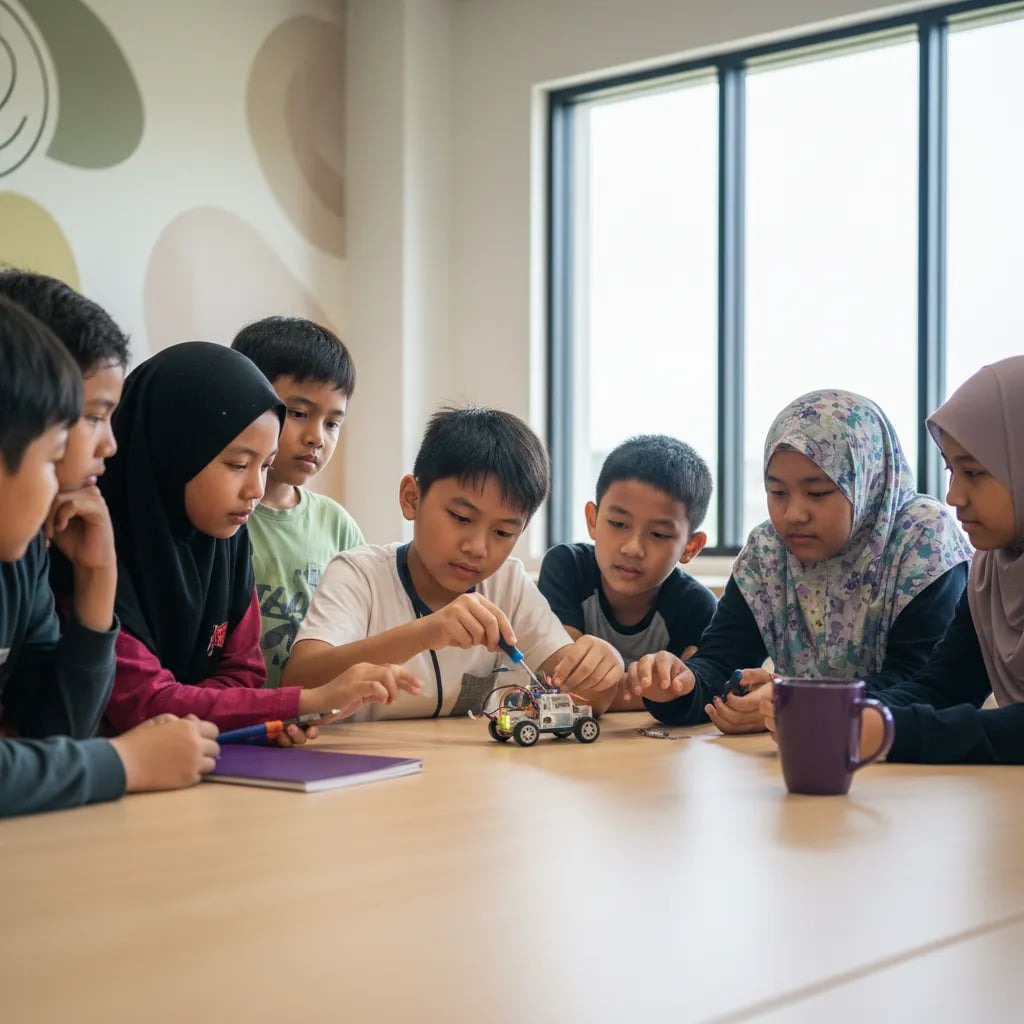 Malaysian children gathered around a table taking apart a small electronic toy with a screwdriver