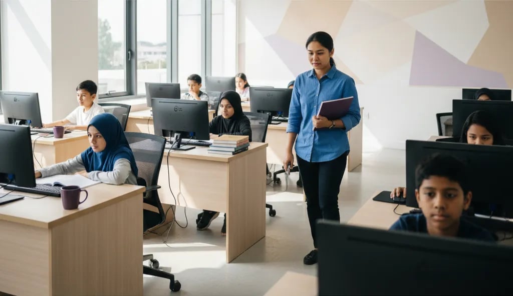 Malaysian children at desktop computers in a physical tuition centre while a teacher walks between the rows