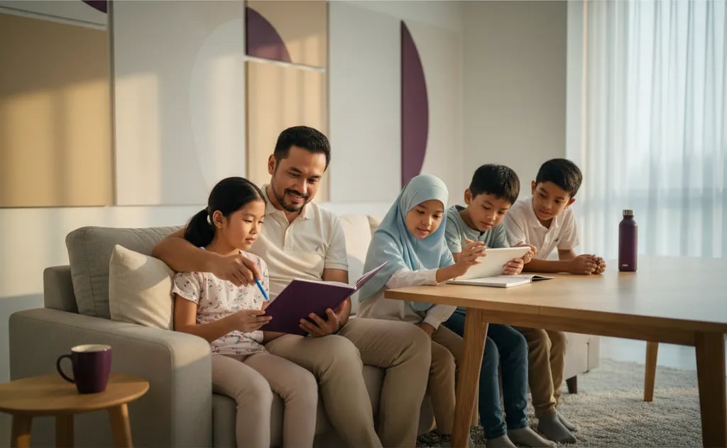 A Malaysian father and daughter going through a written list in a notebook on the sofa