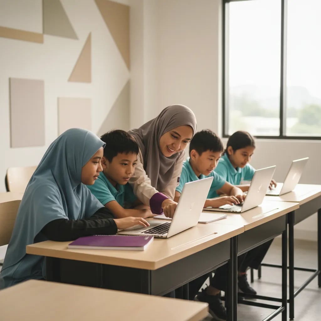Kanak-kanak Malaysia menggunakan komputer riba di dalam kelas cerah sambil guru membantu sepasang pelajar