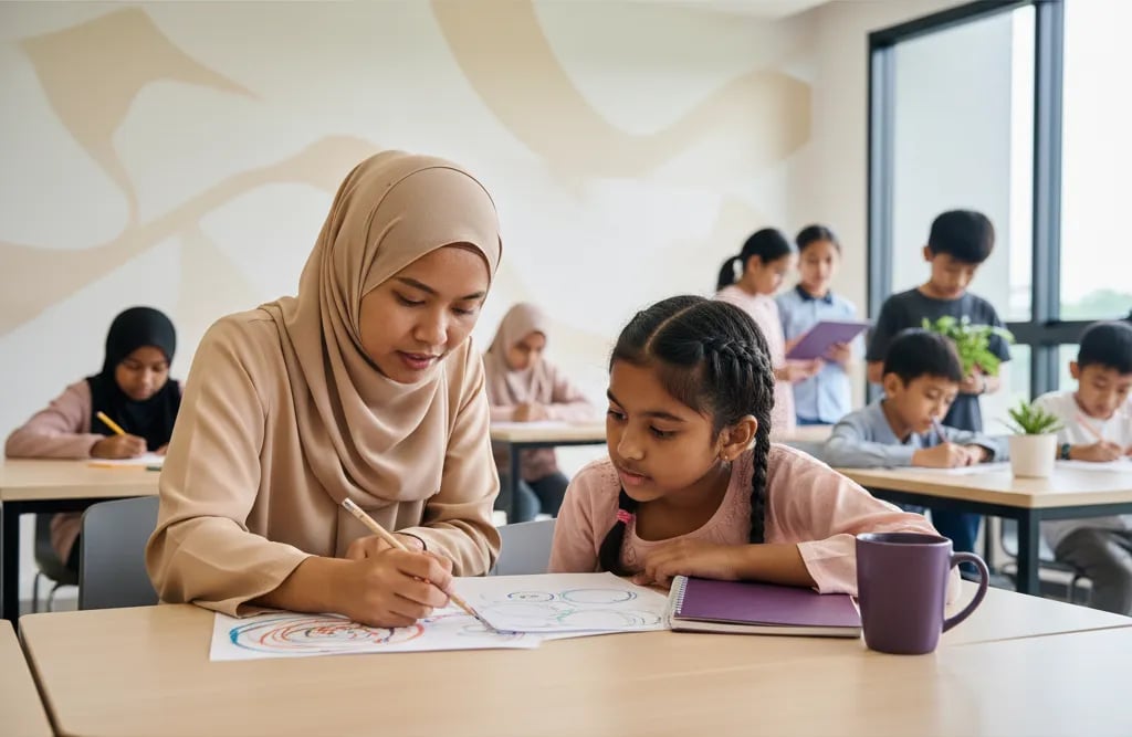 Guru Malaysia mengajar satu lawan satu dengan seorang kanak-kanak di meja