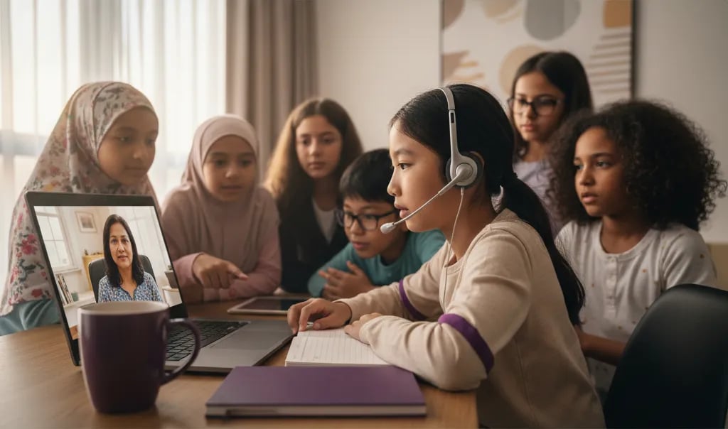 Kanak-kanak perempuan Malaysia dalam kelas online langsung di rumah dengan set kepala dan guru kelihatan pada skrin