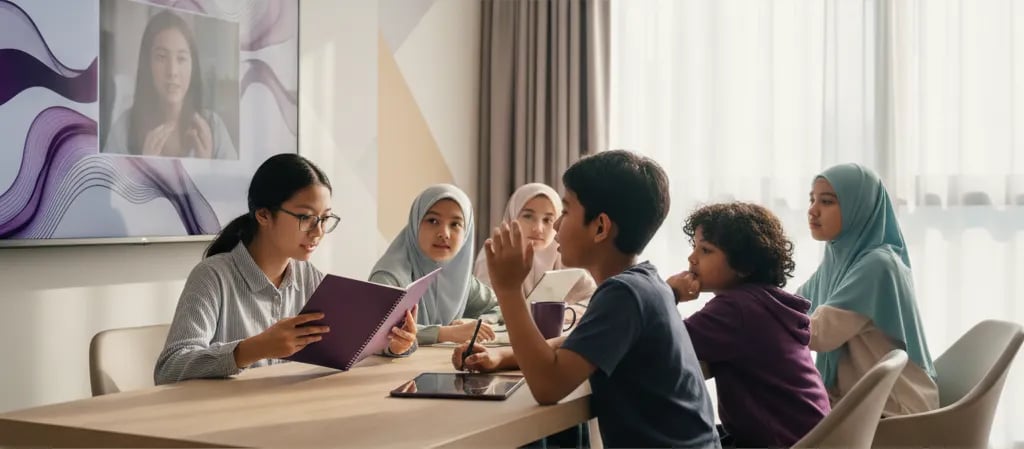 A Malaysian boy speaking to his teacher during a live online lesson at home