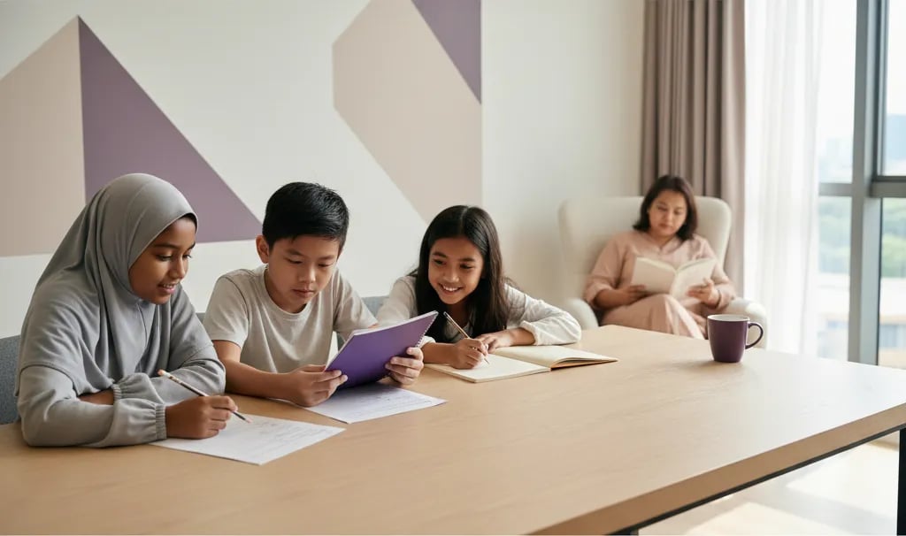 A Malaysian child completing worksheet exercises at home while a parent sits nearby