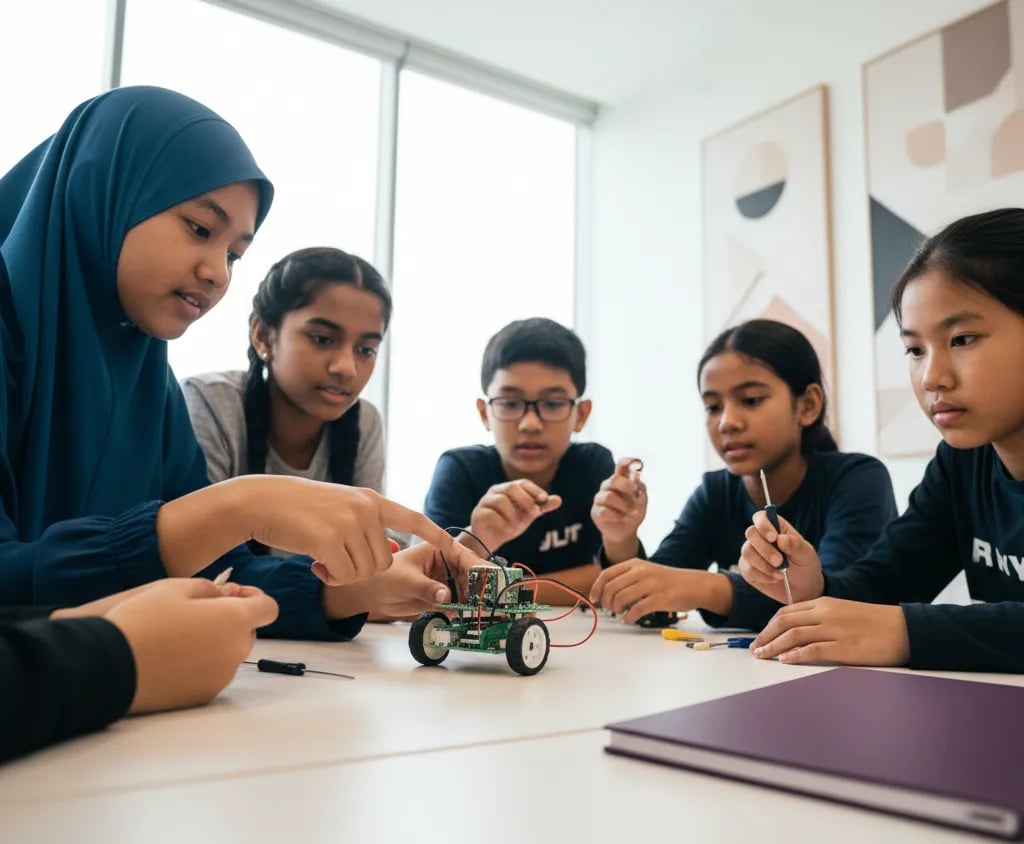 Kanak-kanak Malaysia memasang robot beroda kecil dengan wayar dan papan litar di atas meja