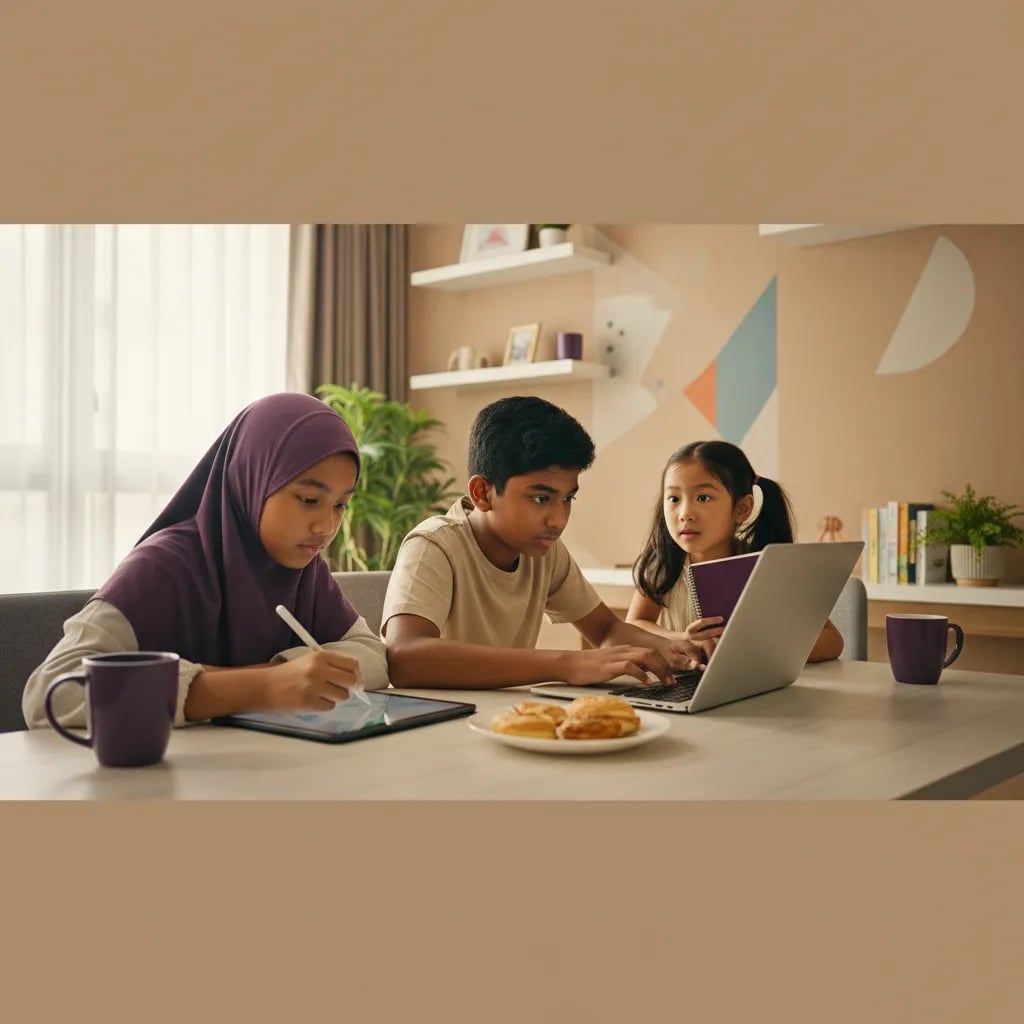 Seorang kanak-kanak perempuan Malaysia dalam kelas reka bentuk grafik menyiapkan susun atur poster pada tablet