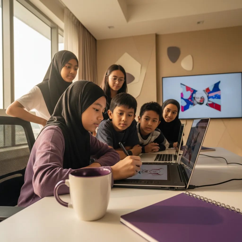 Seorang budak lelaki Malaysia dalam kelas coding membina permainan di komputer riba dengan blok kod berwarna di skrin
