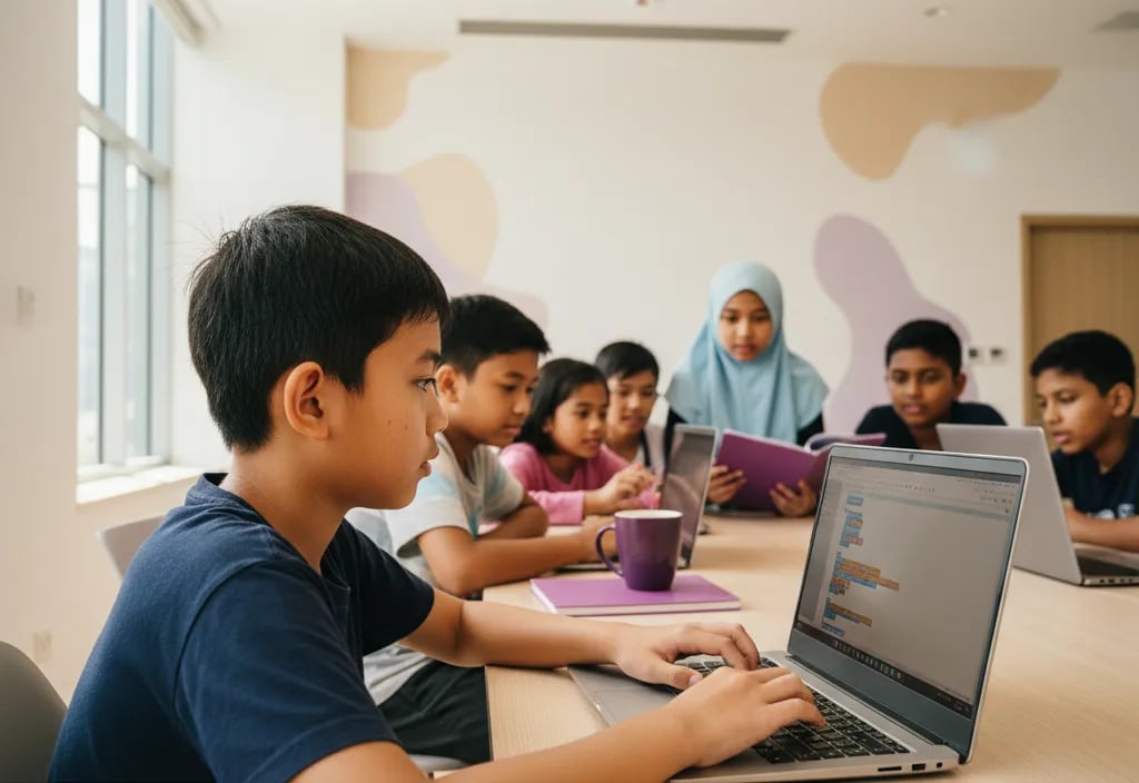 Kanak-kanak lelaki Malaysia menaip kod pada komputer riba yang memaparkan blok berwarna