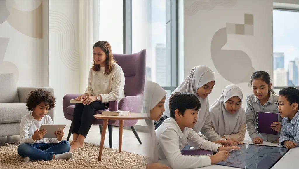Keluarga Malaysia dengan tablet di meja makan