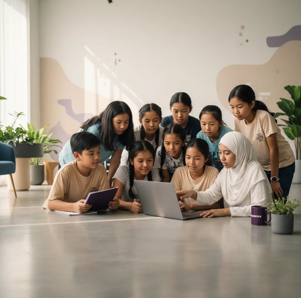 Kanak-kanak Malaysia bekerja dengan komputer riba dalam kelas coding
