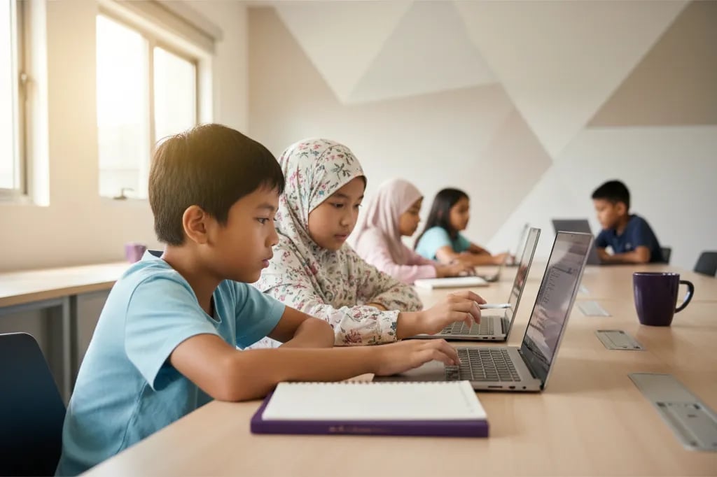 Kanak-kanak Malaysia di meja dengan komputer riba dan tablet