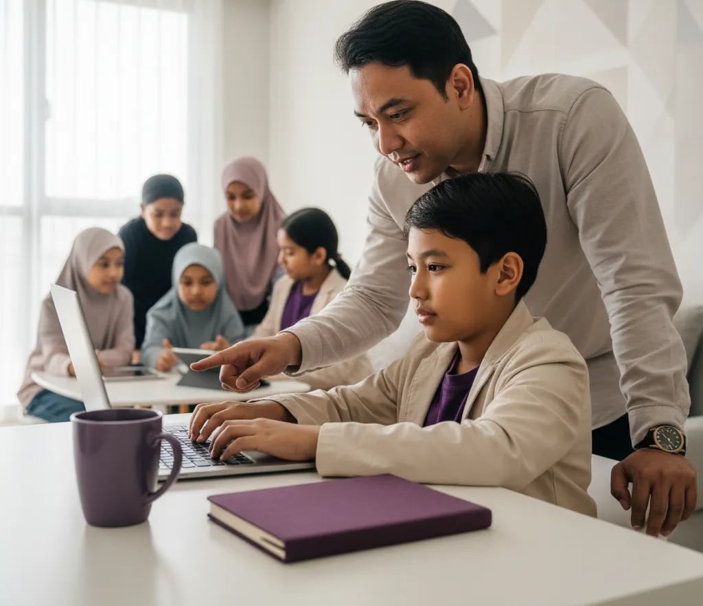 Ibu bapa Malaysia dan anak melihat komputer riba bersama di rumah