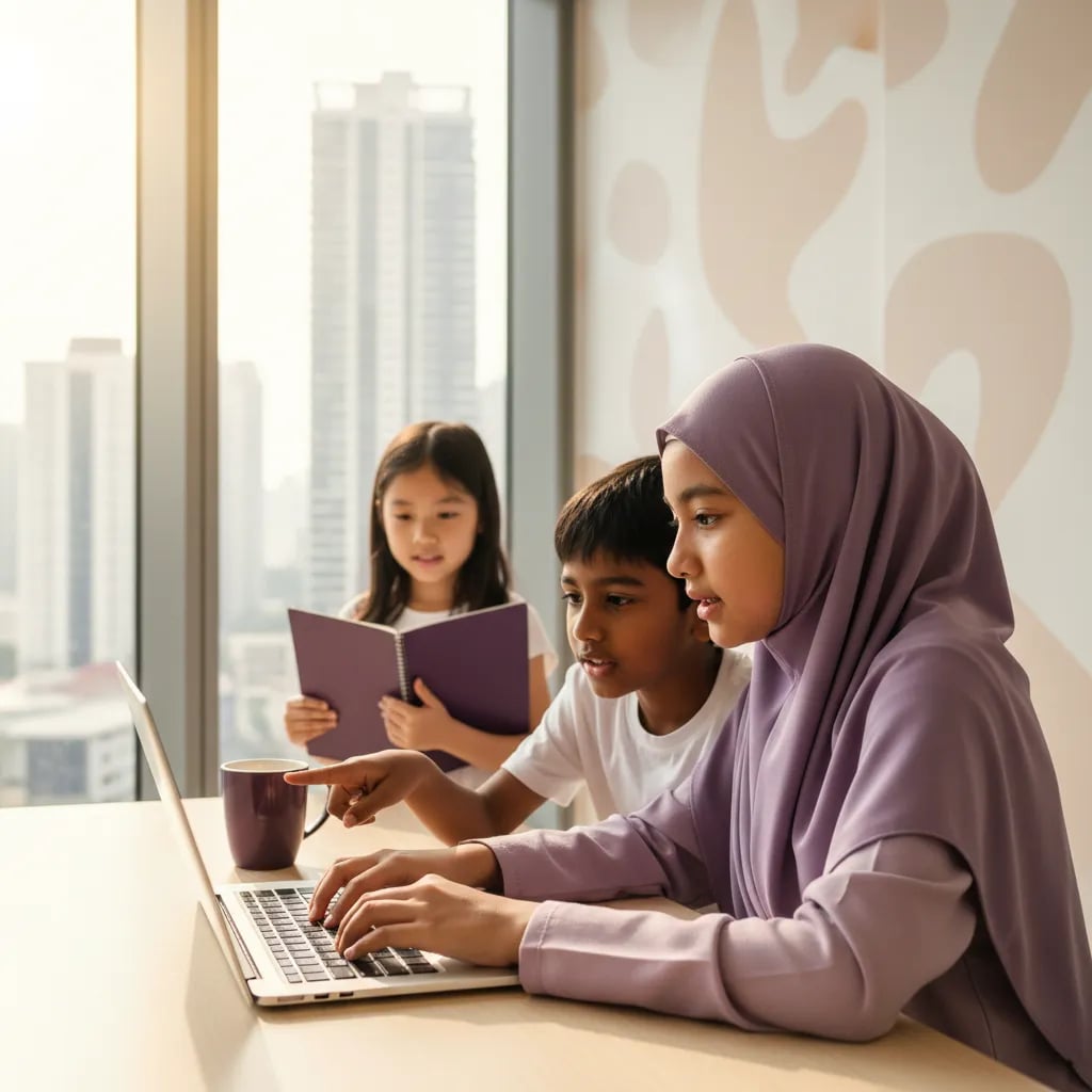 Kanak-kanak Malaysia menaip di komputer riba dalam kelas dengan wajah fokus