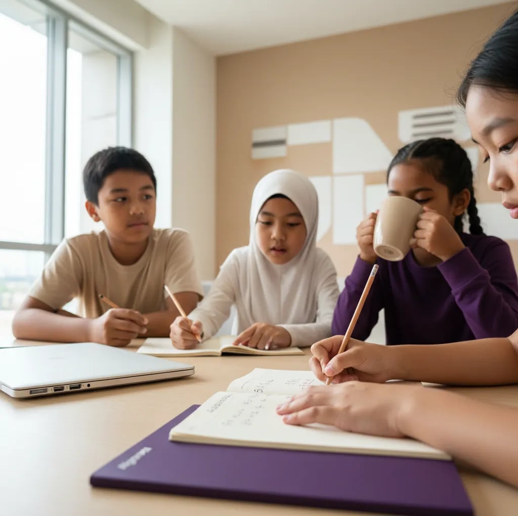 A Malaysian child writing a maths solution by hand next to a closed laptop