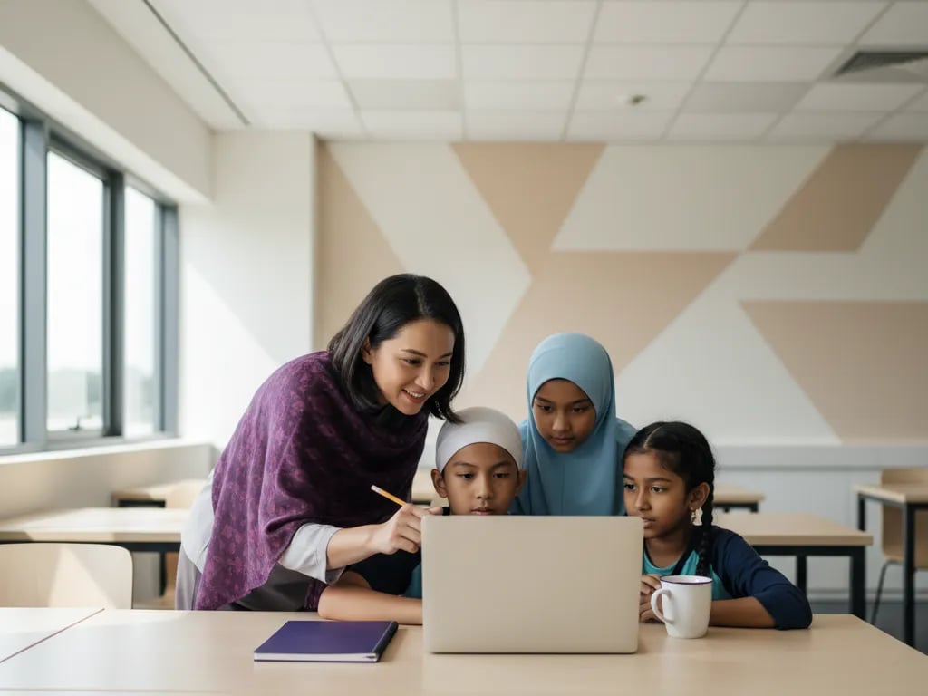 Guru Malaysia menerangkan sesuatu pada komputer riba pelajar
