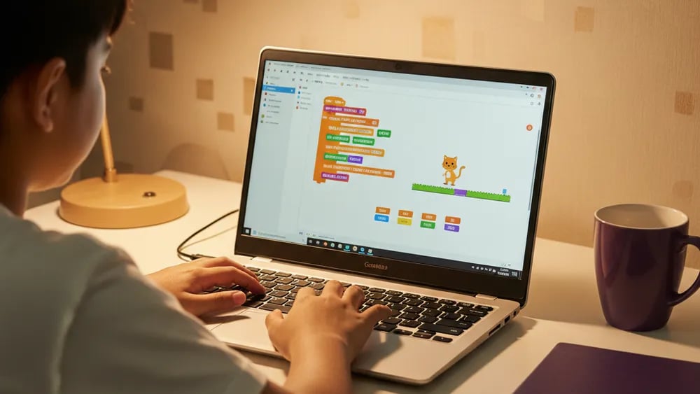Child's hands on a laptop building a game with colourful code blocks