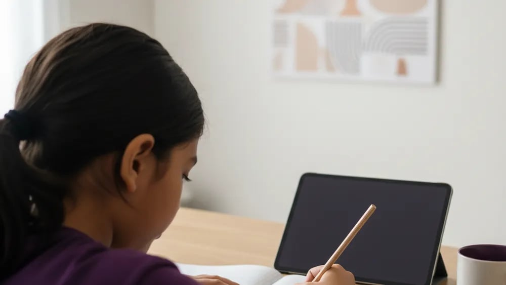 Murid sekolah rendah menulis langkah matematik di atas kertas dengan tablet di sebelah buku latihan