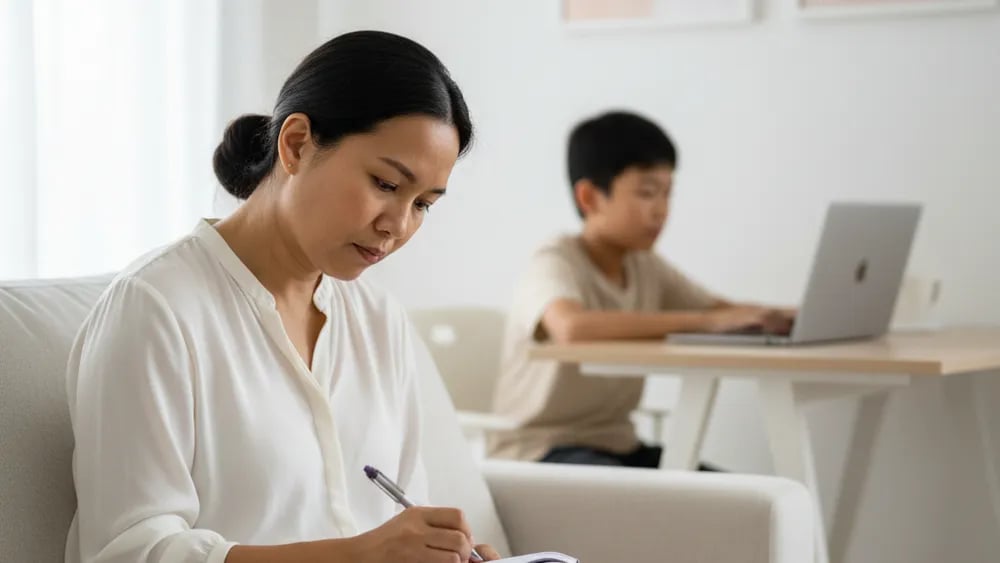 A mother takes notes on the sofa while her son joins an online class at his desk