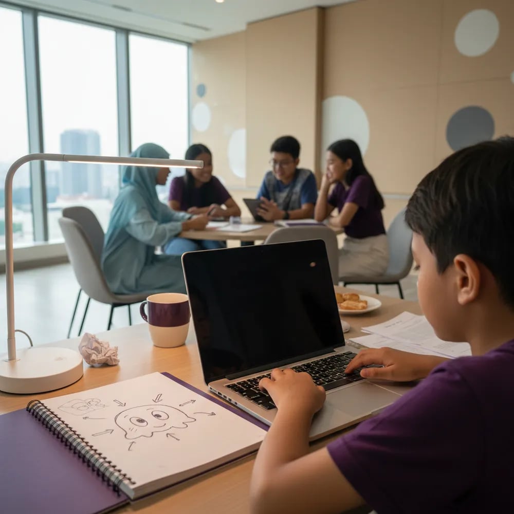 A child types on a laptop next to a notebook with sketches of a game character