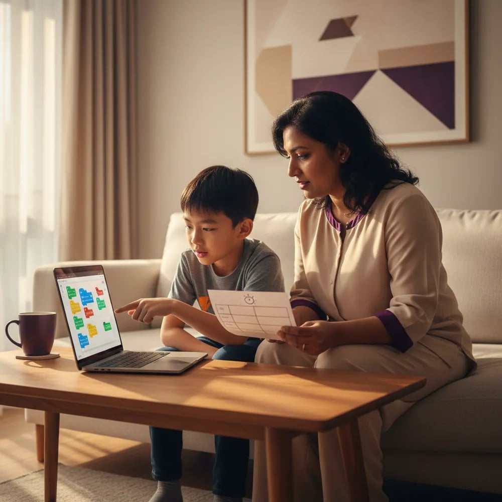 Seorang ibu dan anak lelakinya berlatih teka-teki coding di komputer riba dengan jadual mingguan