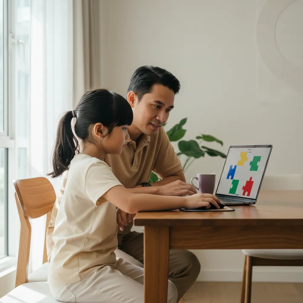 Malaysian girl aged 8 dragging coding blocks on a laptop while her father watches